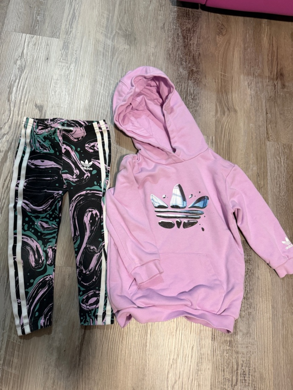 adidas Kids Lilac Hoodie and Black Patterned Leggings Set